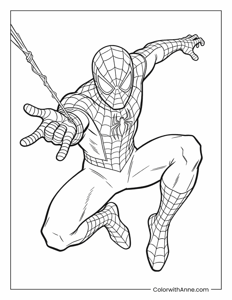 Spider-Man Leaping and Shooting Web Coloring Page