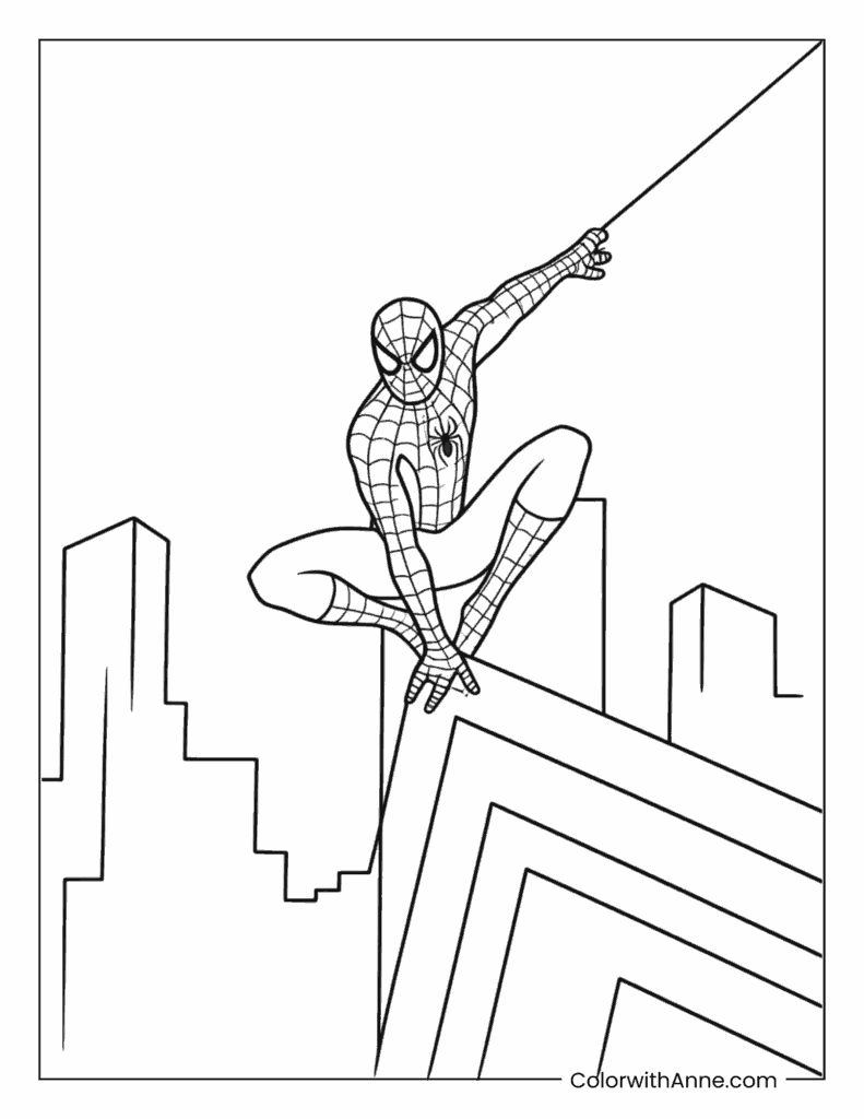 Spider Man Perched on Rooftop Holding Web Line Coloring Page