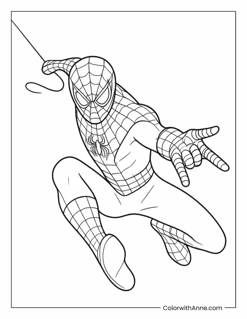 Spider Man Reaching Forward During Web Swing Coloring Page
