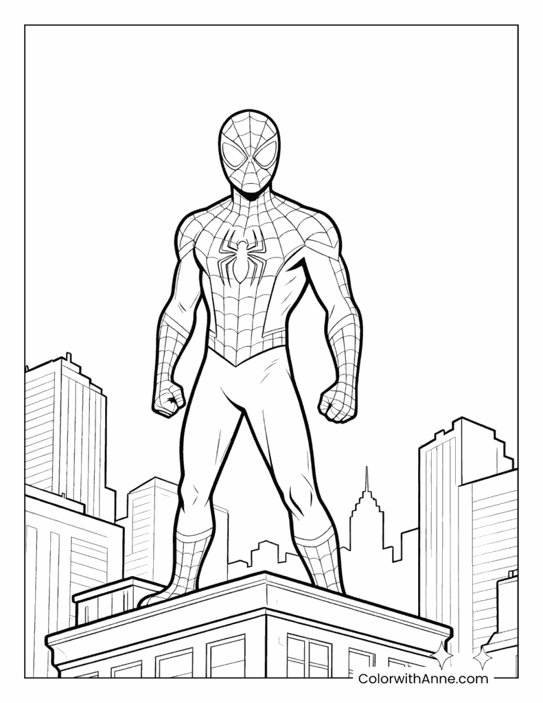 Spider-Man Standing Among City Buildings Coloring Page