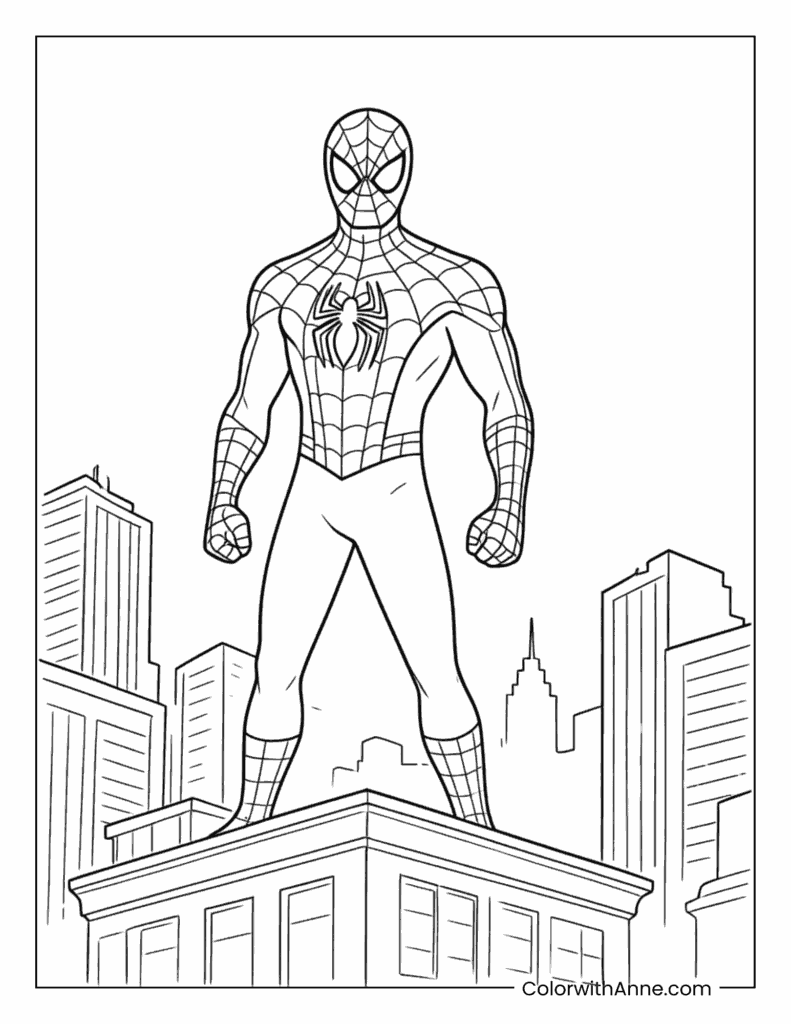 Spider Man Standing Watch Over City Rooftop Coloring Page