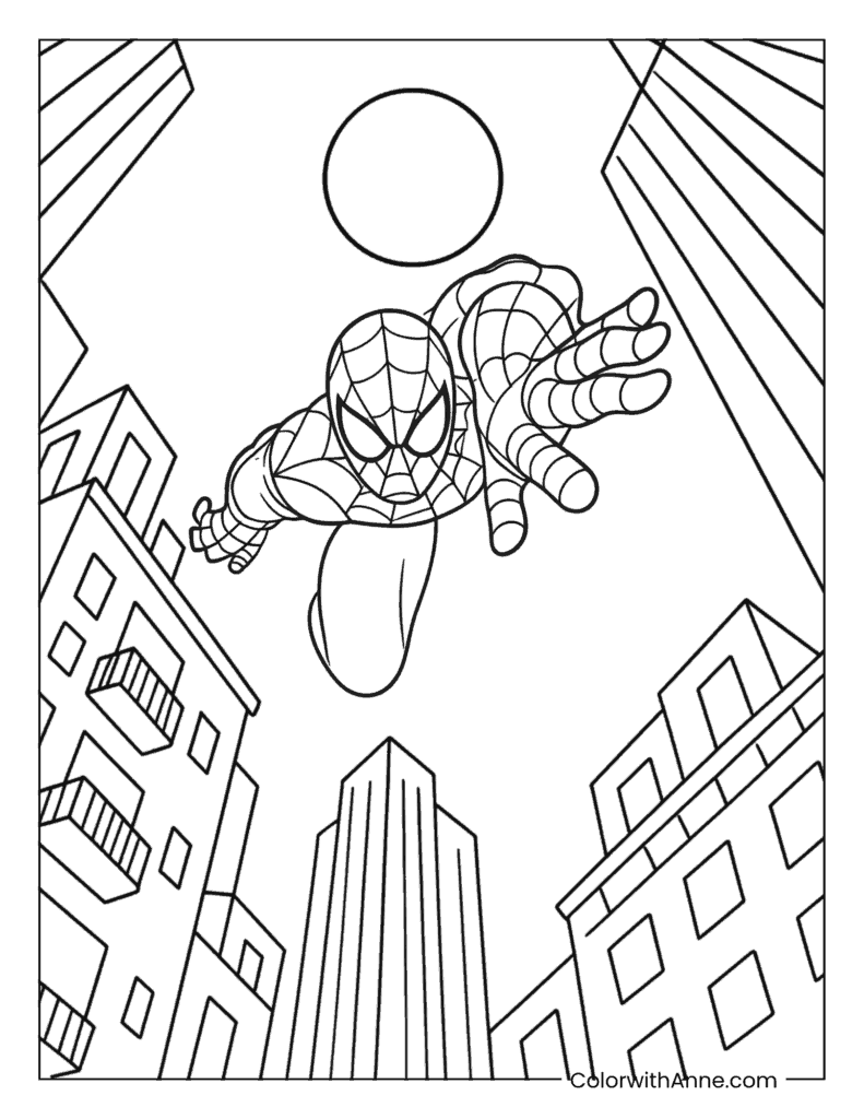 Spider Man Swinging Between Downtown Buildings Coloring Page