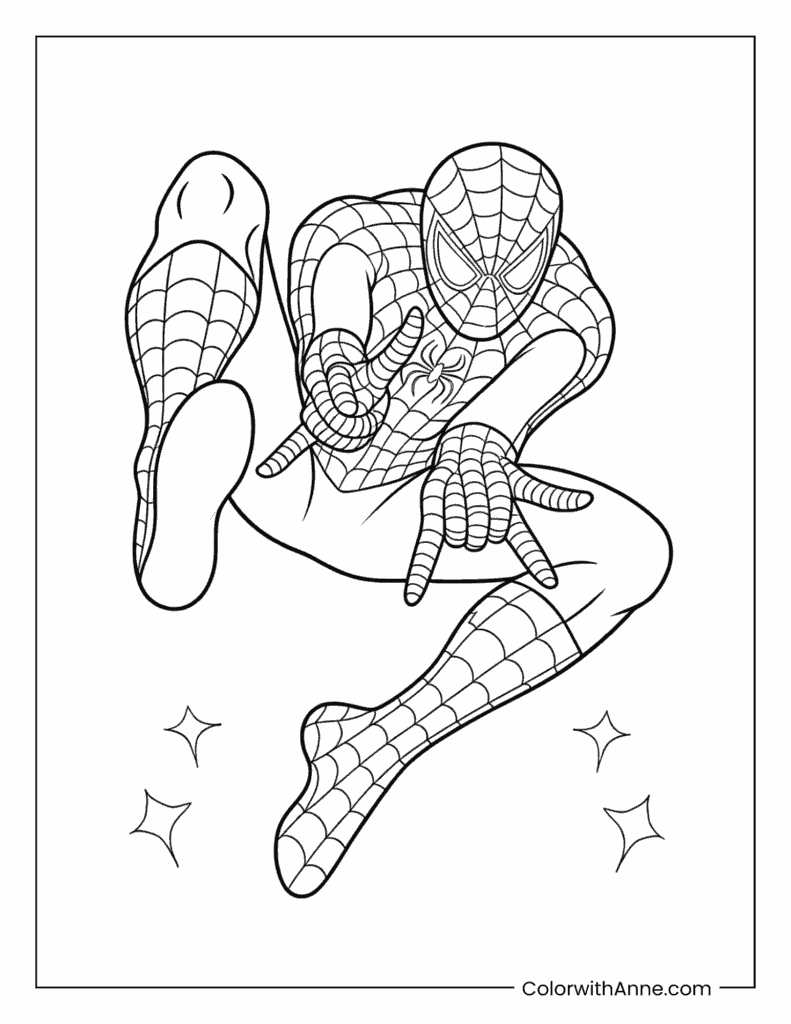 Spider Man Twisting Through Air with Sparkles Coloring Page