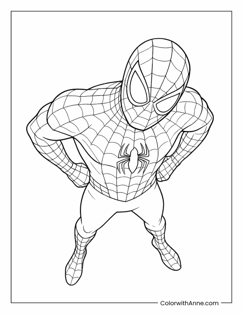 Spider Man Viewed from Above in Hero Stance Coloring Page