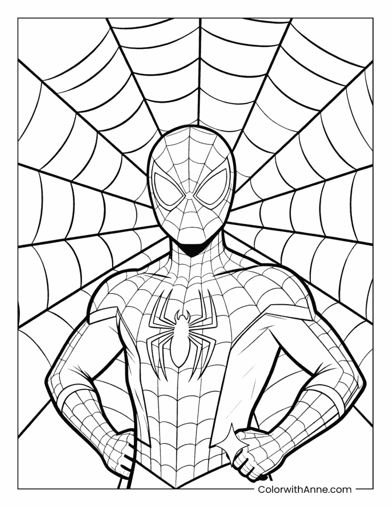 Spider-Man in a Classic Pose with a Web Background Coloring Page