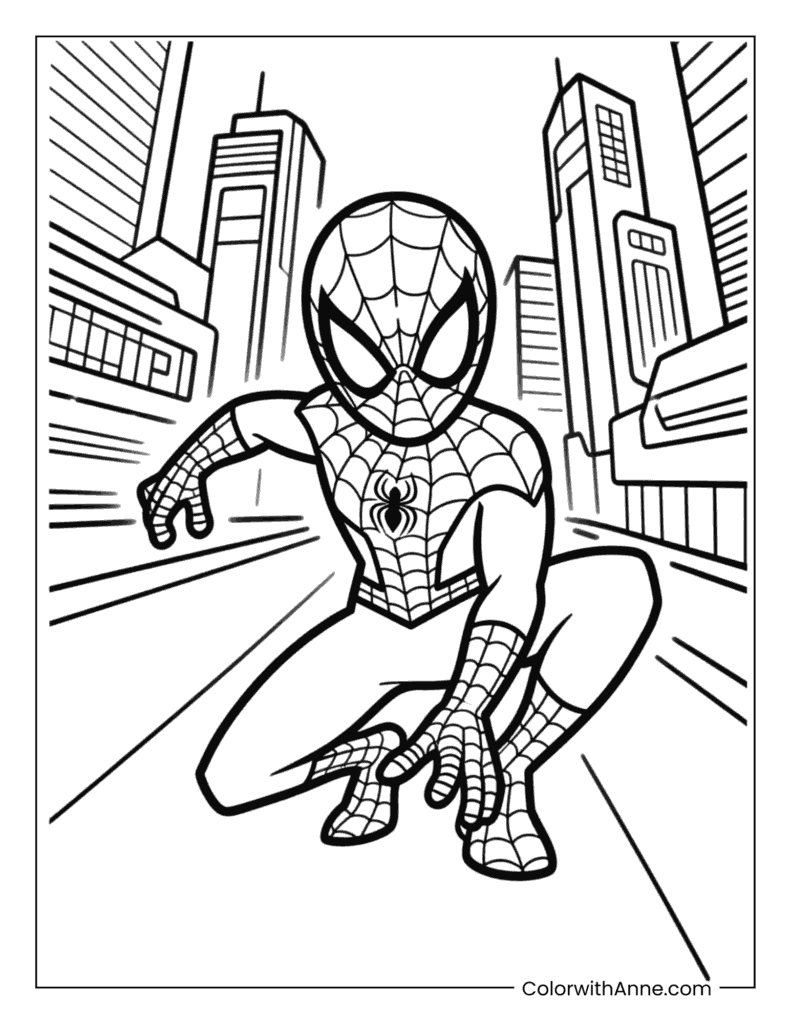 Spider-Man in a Futuristic Cyber-City Coloring Page (Inspired by Spider-Man 2099)