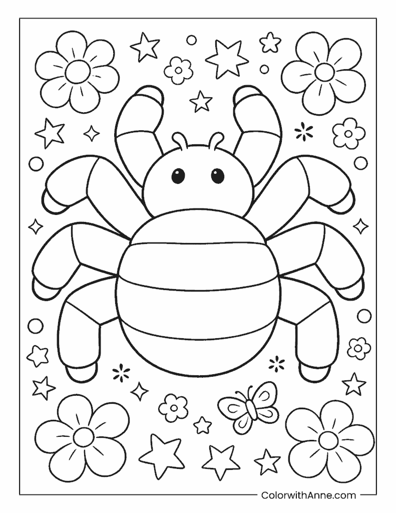 Spider with Decorative Stars and Flowers Coloring Page Coloring Page
