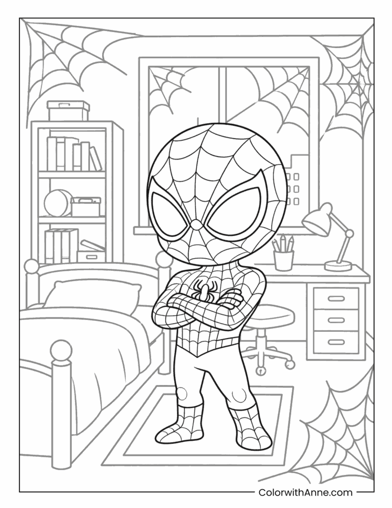 Spidey Peter Parker in His Bedroom Coloring Page