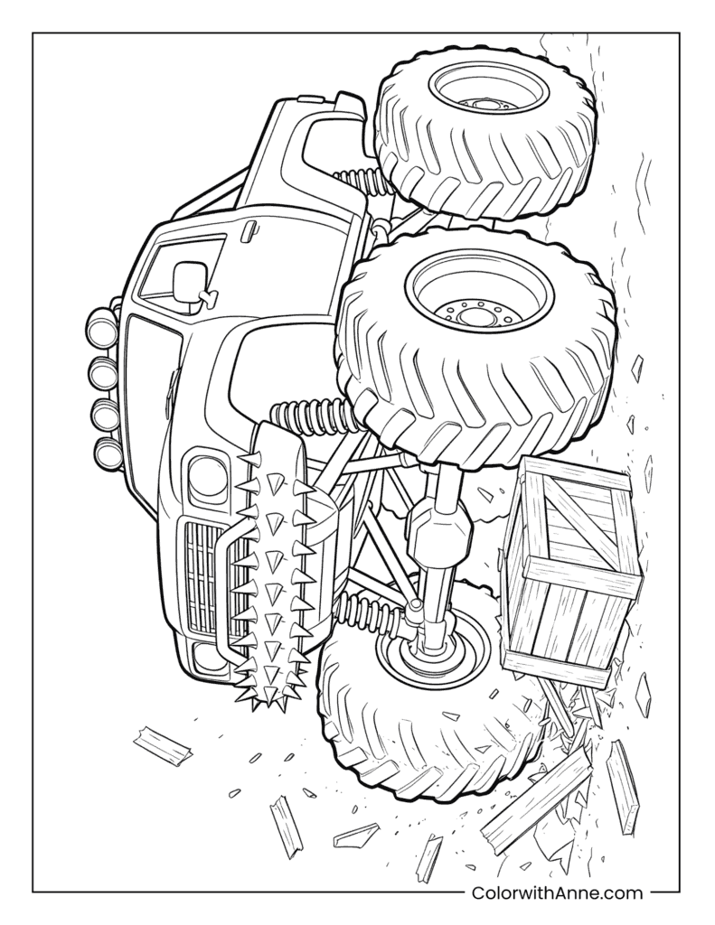 Spiky Monster Truck Crushing a Wooden Crate Coloring Page