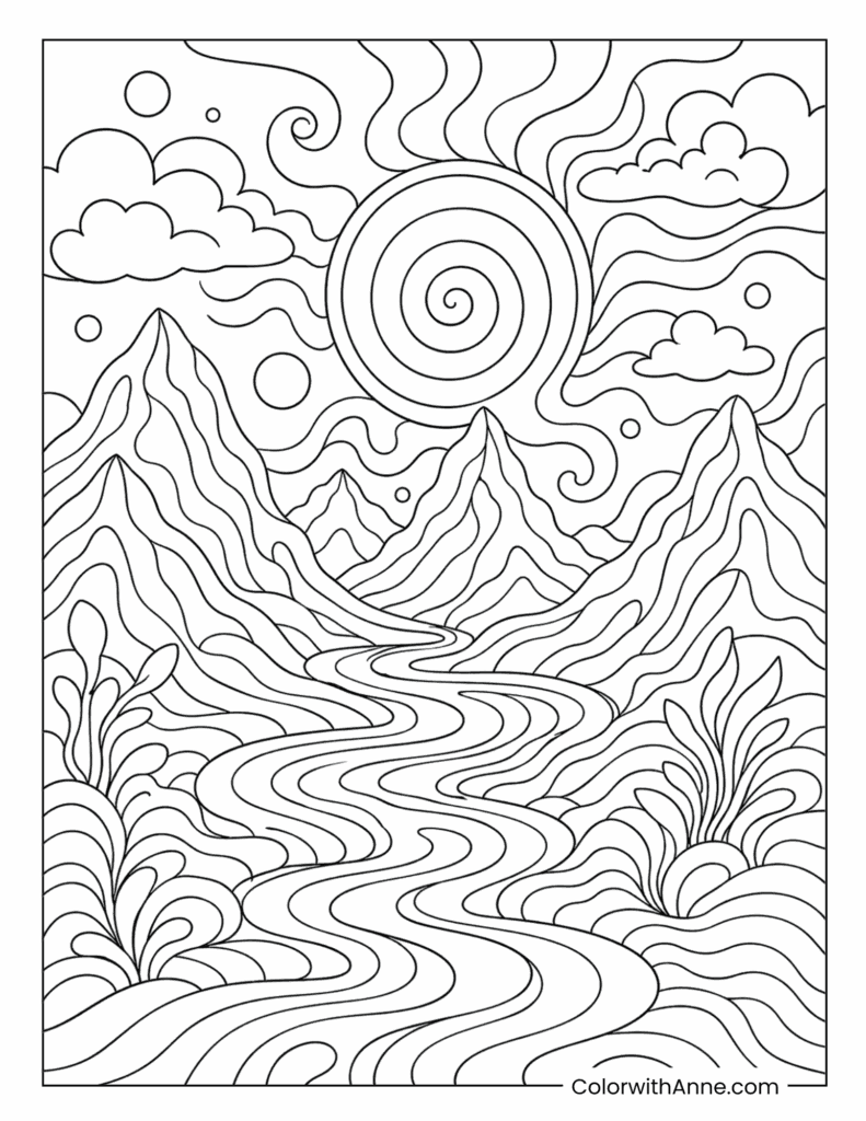 Spiral Sun Mountain Valley Winding River Trippy Coloring Page