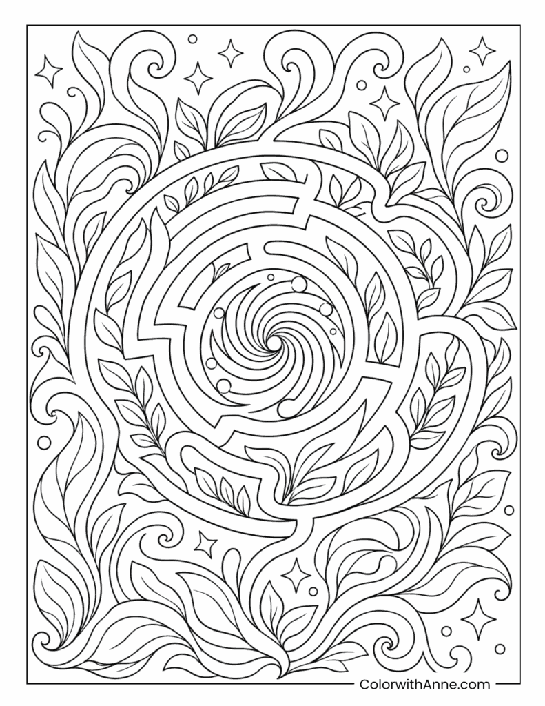 Spiral Tree Maze With Leaves Trippy Coloring Page