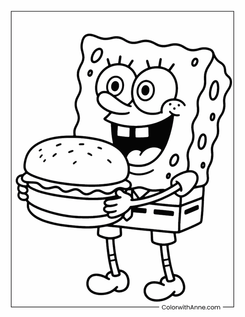 SpongeBob Holding a Giant Krabby Patty Coloring Page