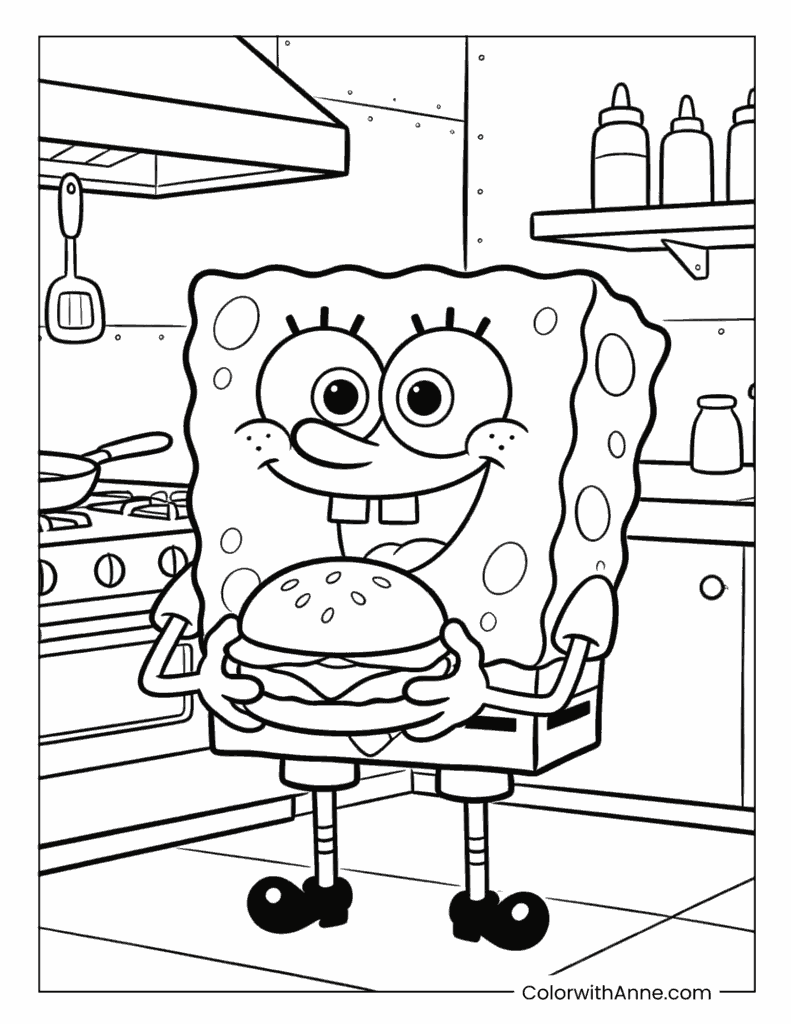 SpongeBob Holding a Krabby Patty Coloring Page