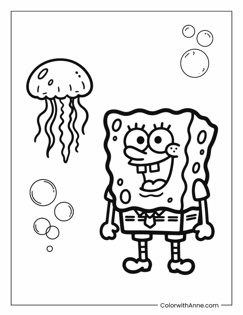 SpongeBob Laughing with Jellyfish Coloring Page