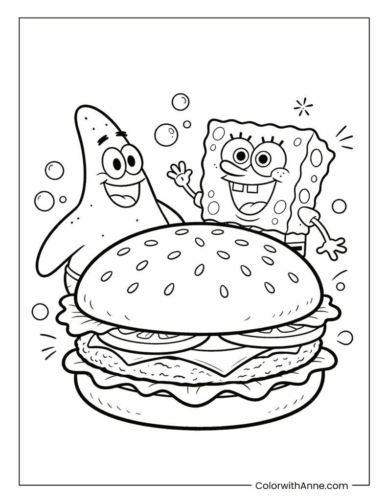 SpongeBob and Patrick with Krabby Patty Coloring Page