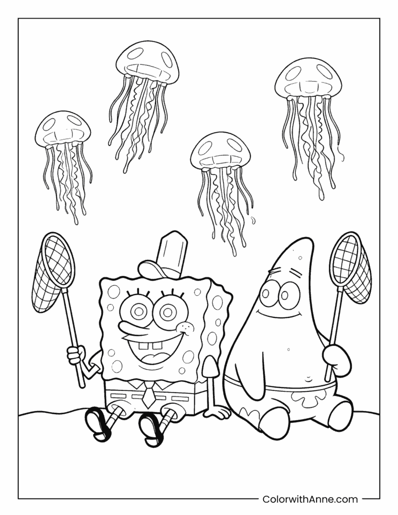 Spongebob and Patrick Jellyfishing Coloring Page