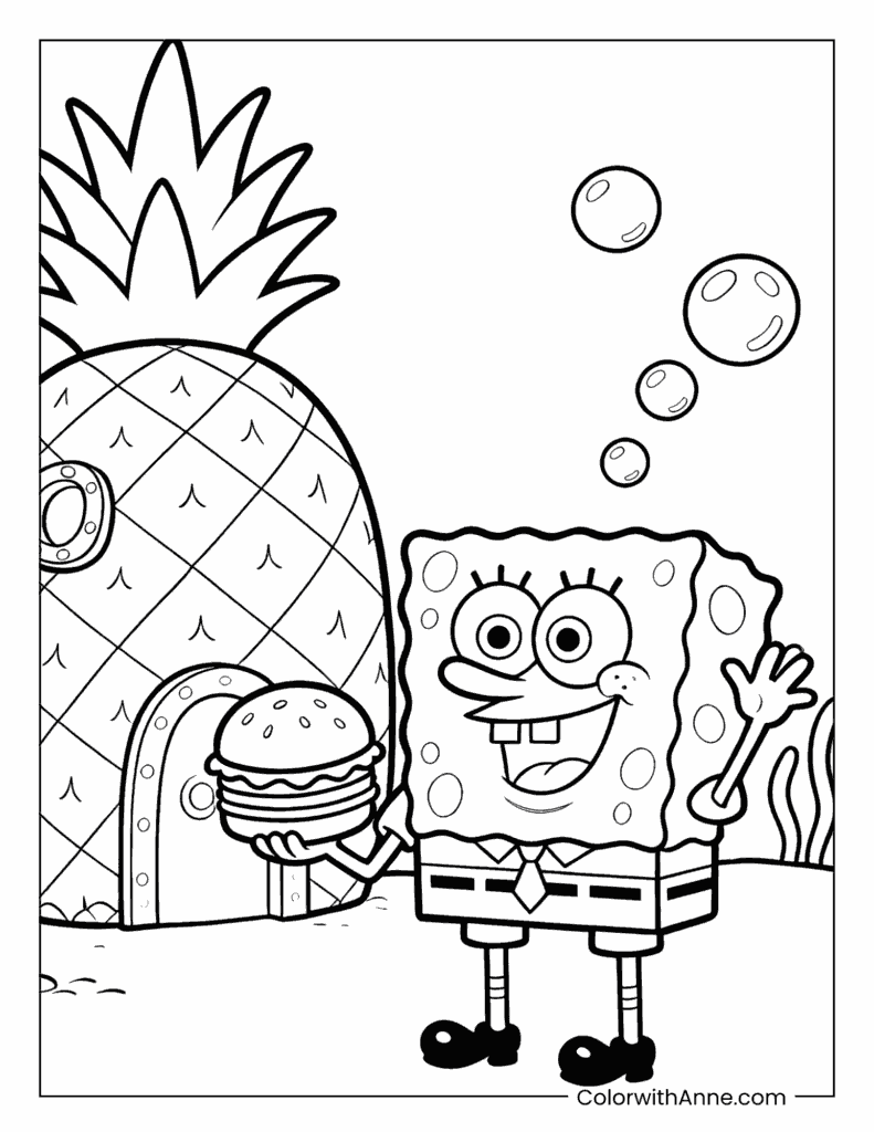 SpongeBob with Krabby Patty Coloring Page