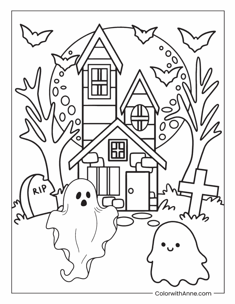 Spooky Haunted House Graveyard Coloring Page