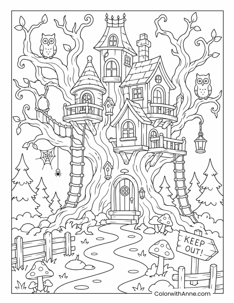 Spooky Haunted Treehouse with Owls and Ladders Coloring Page