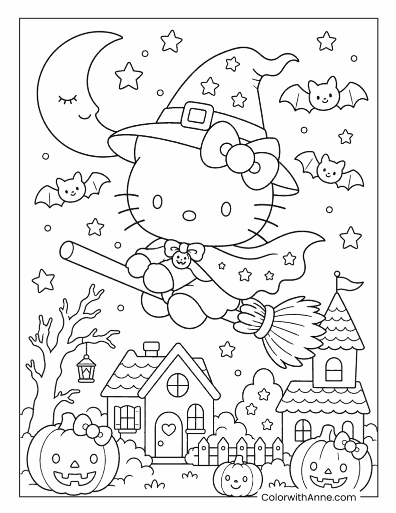 Spooky Hello Kitty Flying on Broomstick Coloring Page