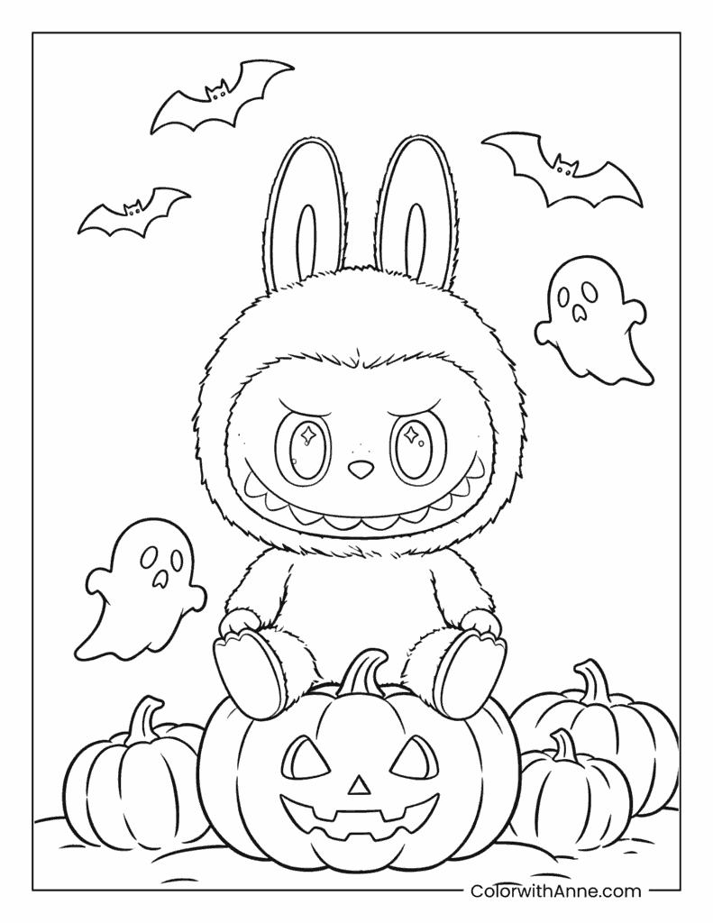Spooky Labubu on Halloween Pumpkin Coloring Page