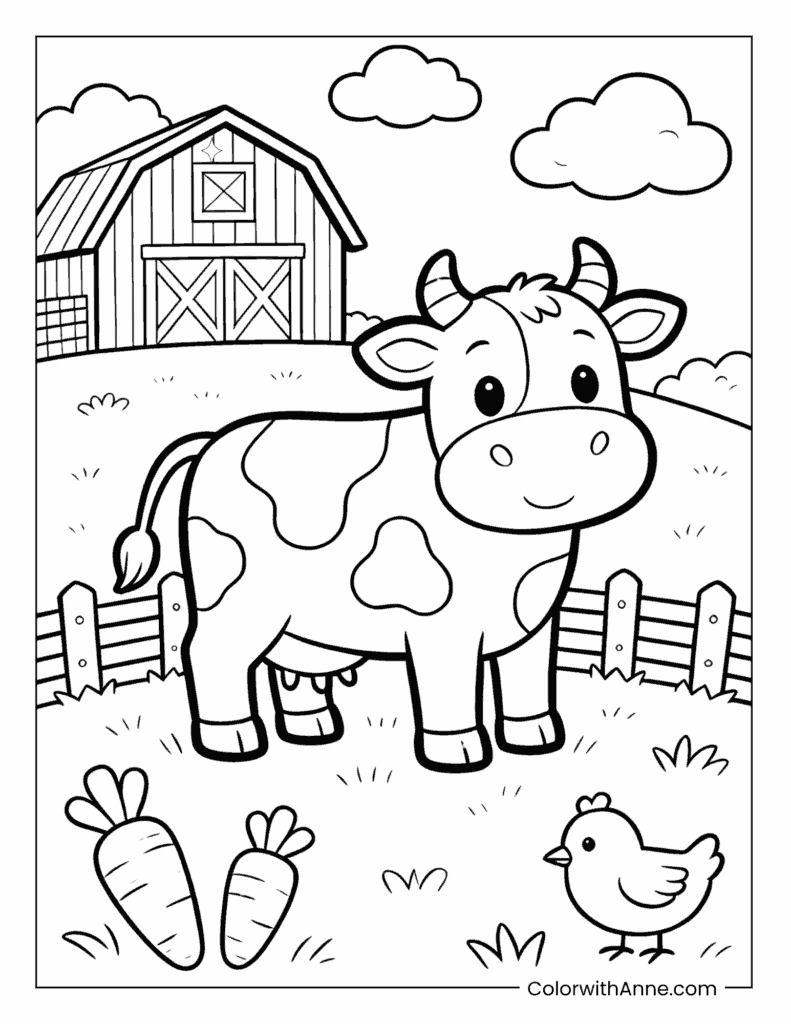 Spotted Cow in a Pastoral Barnyard Scene Coloring Page