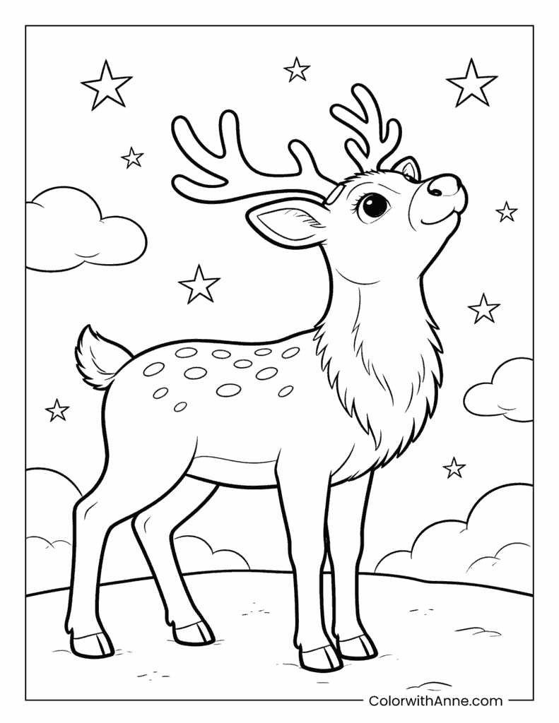 Spotted Reindeer Under a Starry Night Sky Coloring Page