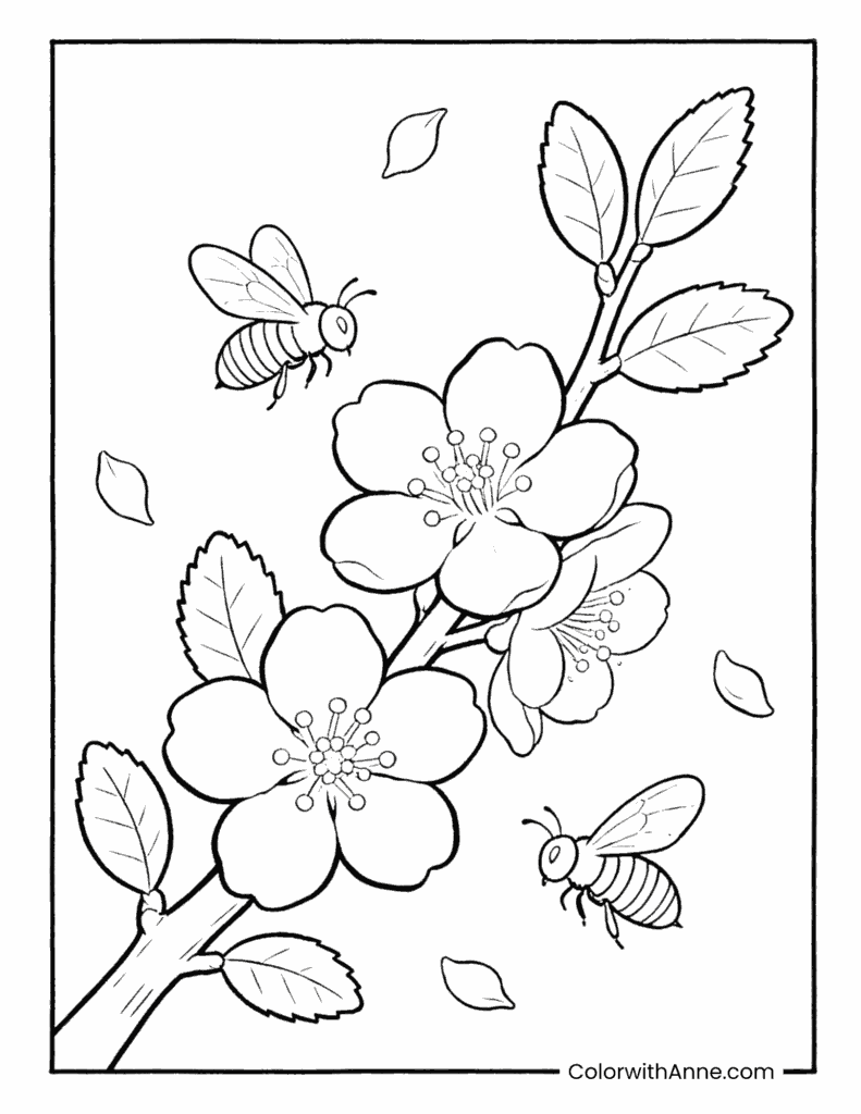 Spring Blooms and Bees March Coloring Page