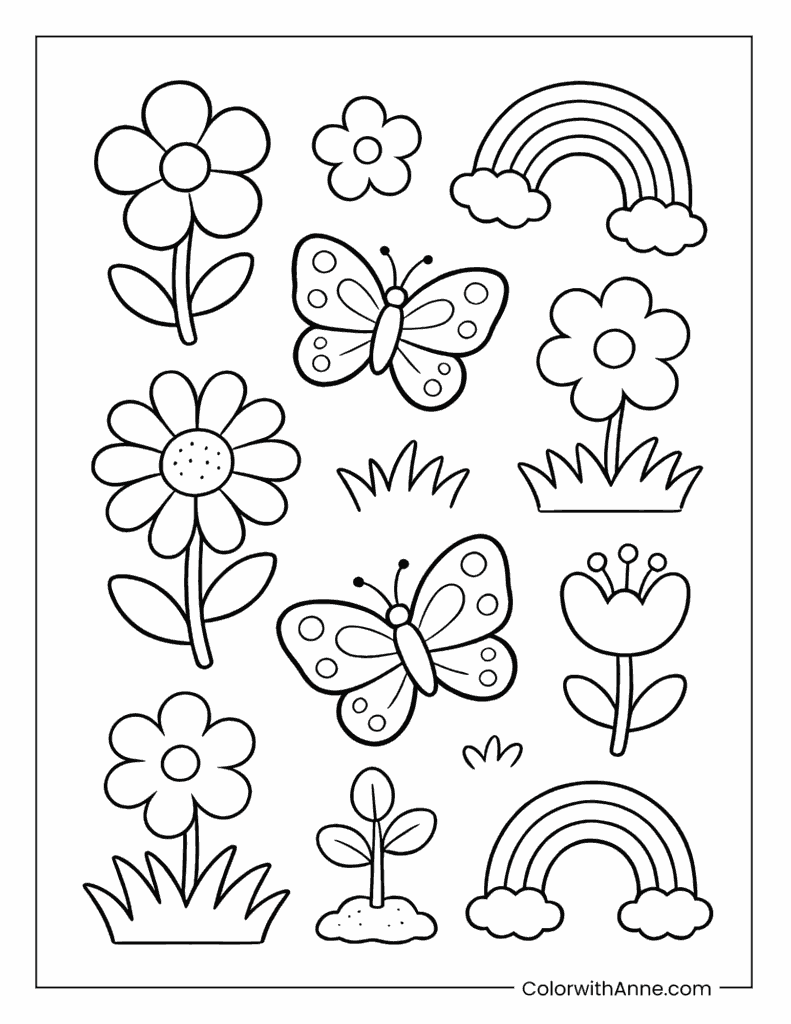 Spring Garden with Butterflies and Rainbows Coloring Page