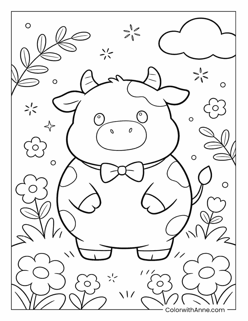 Spring Meadow Cow Coloring Page