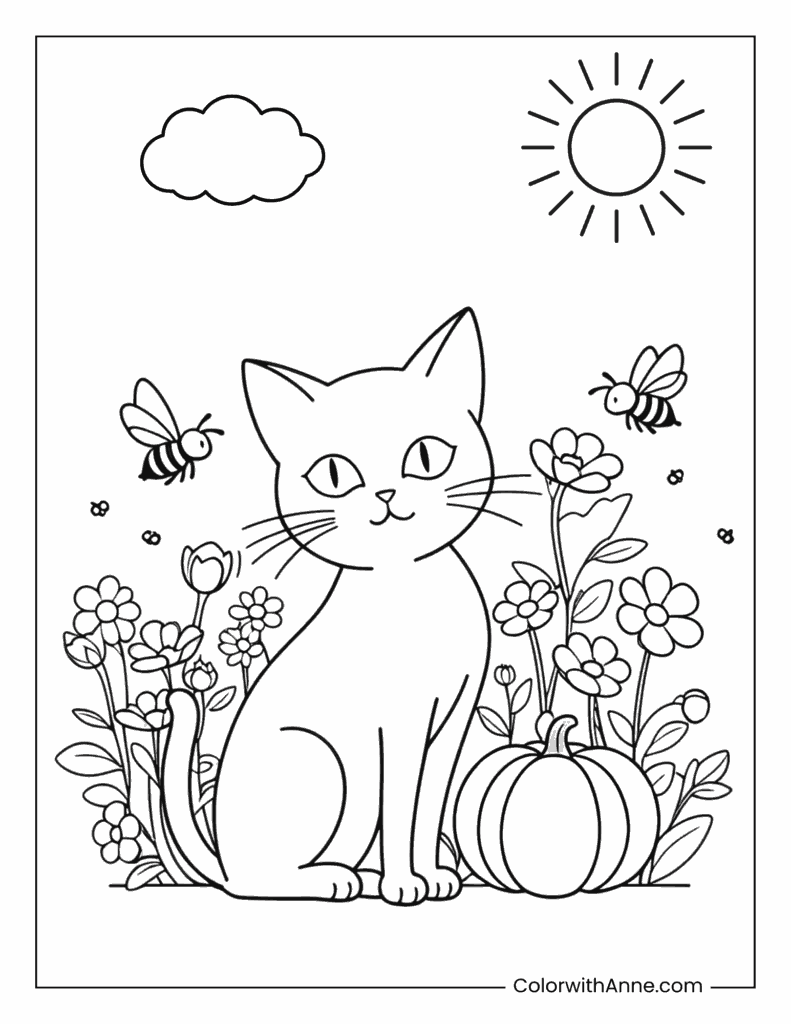 Springtime Cat Surrounded by Flowers Coloring Page