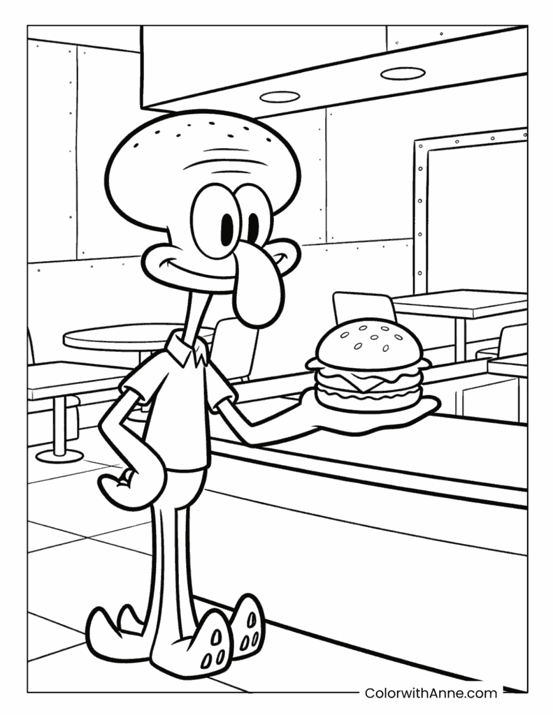 Squidward Serving a Krabby Patty Coloring Page