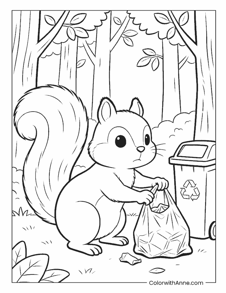 Squirrel Recycling in the Forest Earth Day Coloring Page