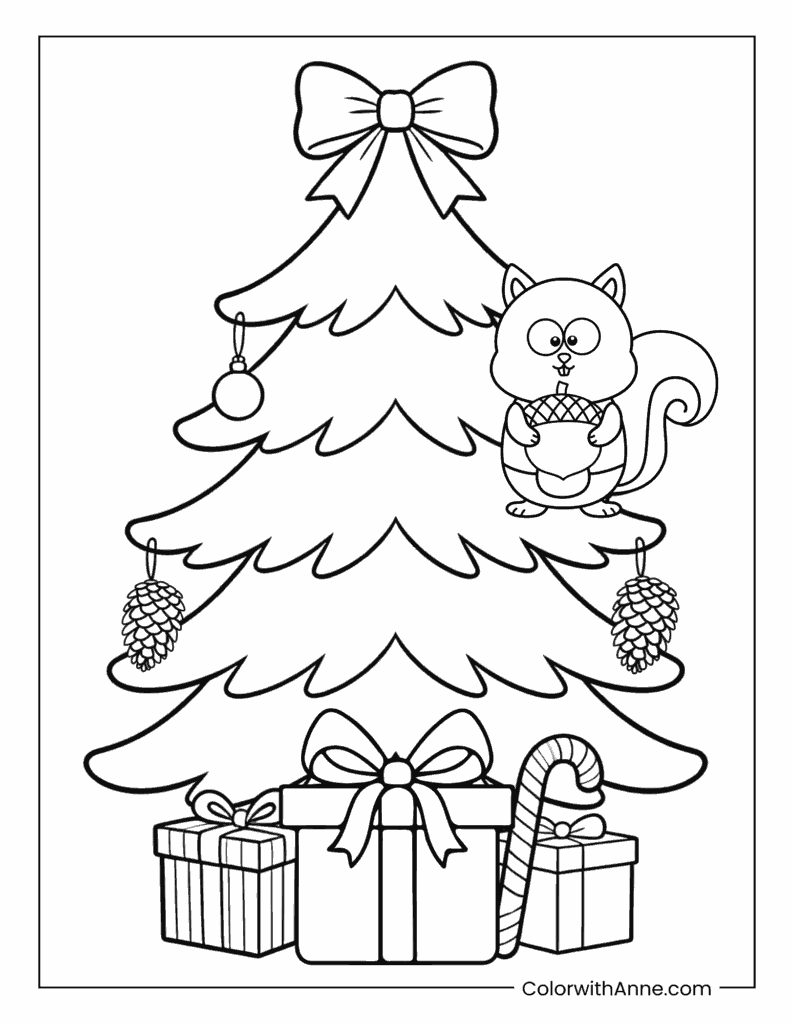 Squirrel on a Christmas Tree with Acorn Coloring Page