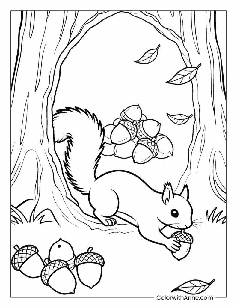 Squirrel's Autumn Gathering Coloring Page