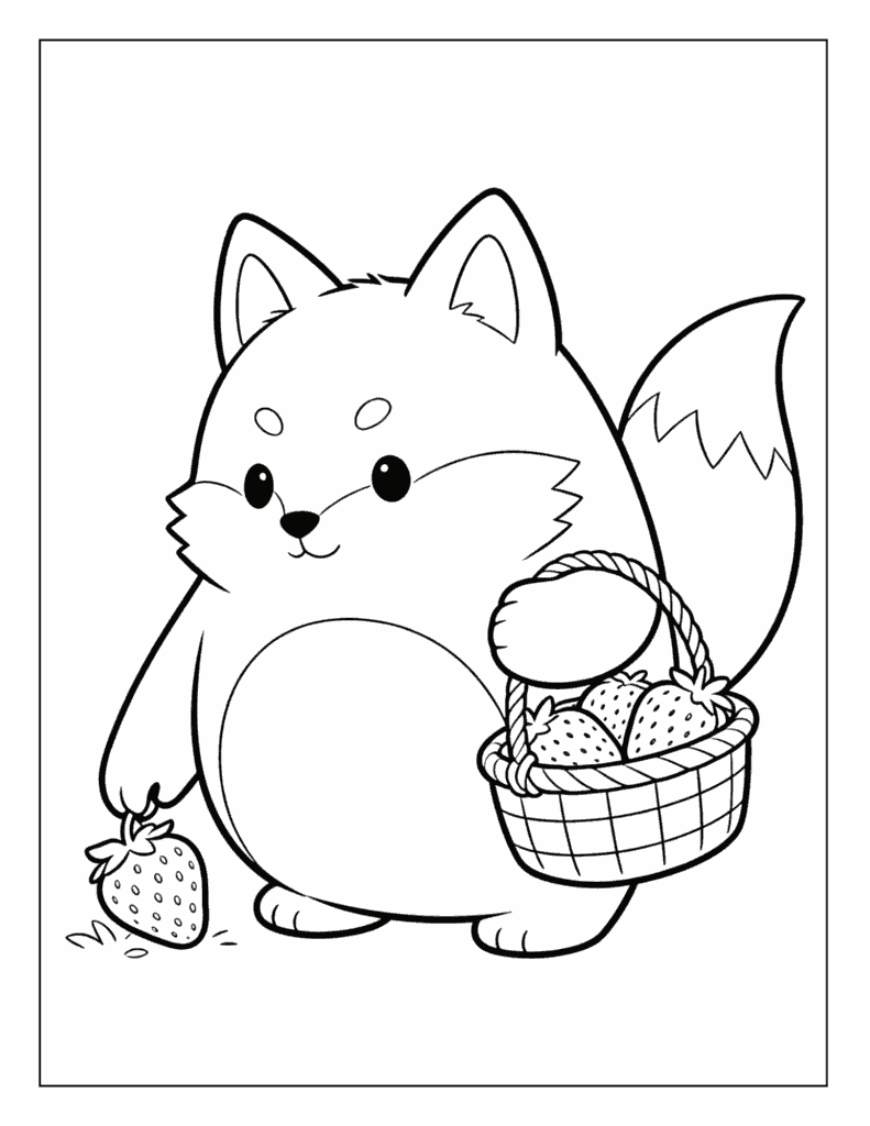 Squishmallows Style Fox Carrying Strawberries Coloring Page