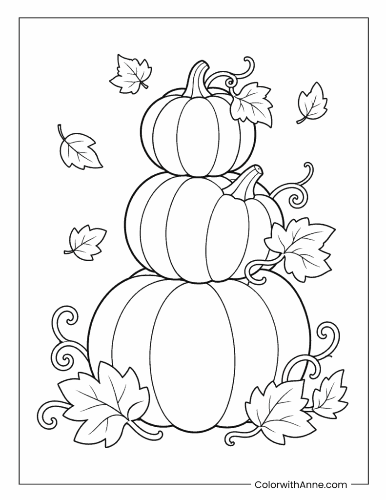Stacked Pumpkins With Autumn Leaves Coloring Page