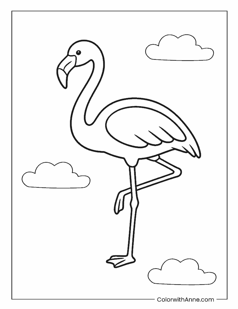 Standing Flamingo with Clouds Coloring Page