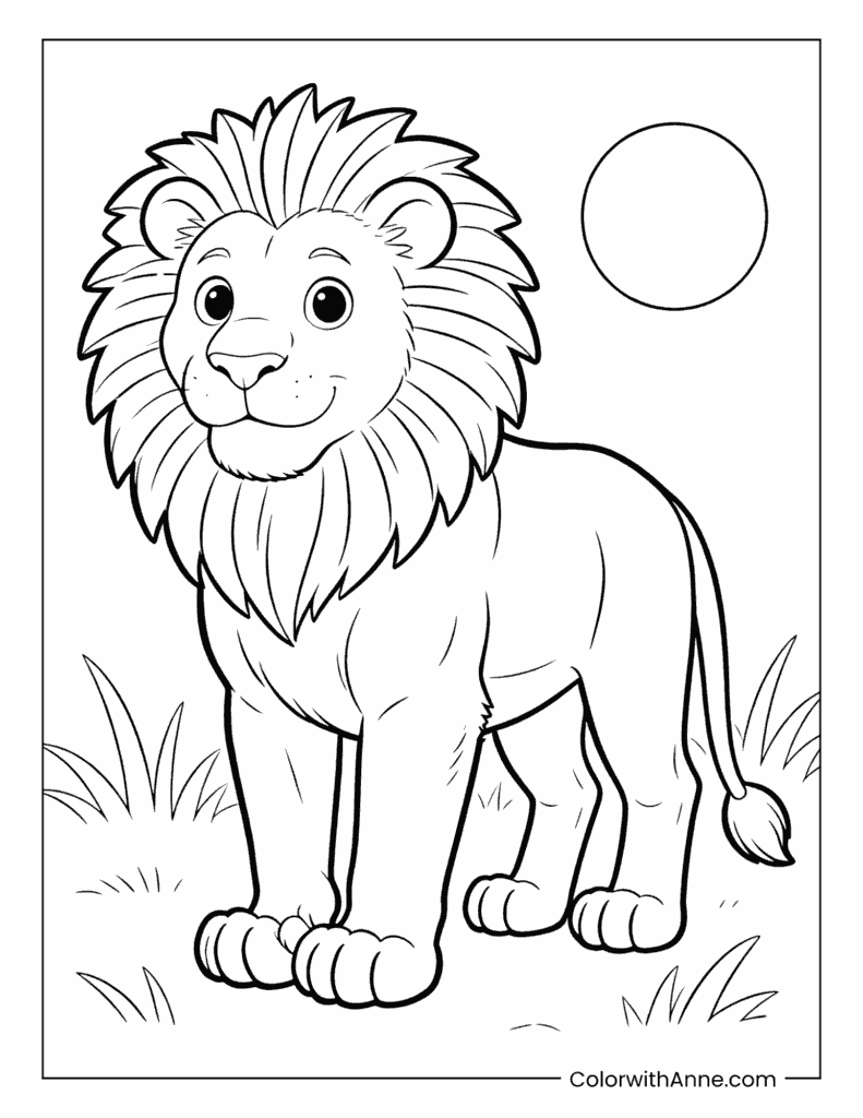 Standing Lion on a Simple Grassland Coloring Page