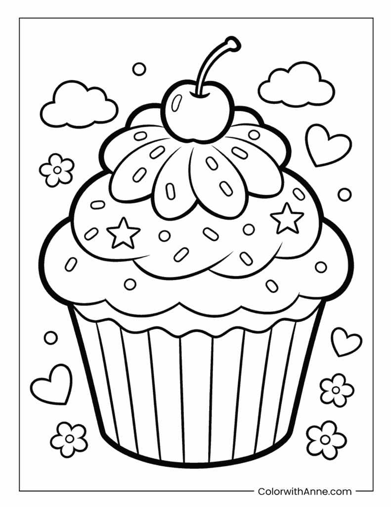 Star and Heart-Adorned Cupcake Coloring Page