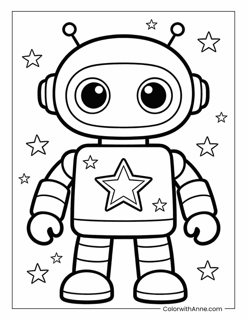 Starry Robot Coloring Page for Kids