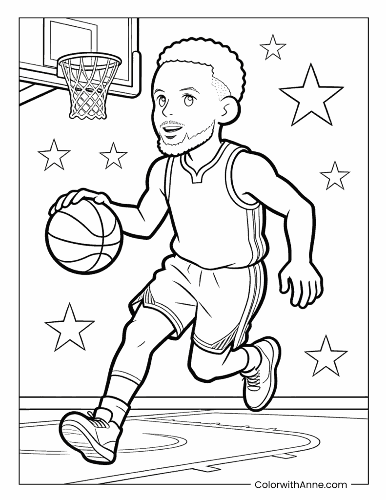 Stephen Curry Dribbling with Stars and Hoop Background Coloring Page
