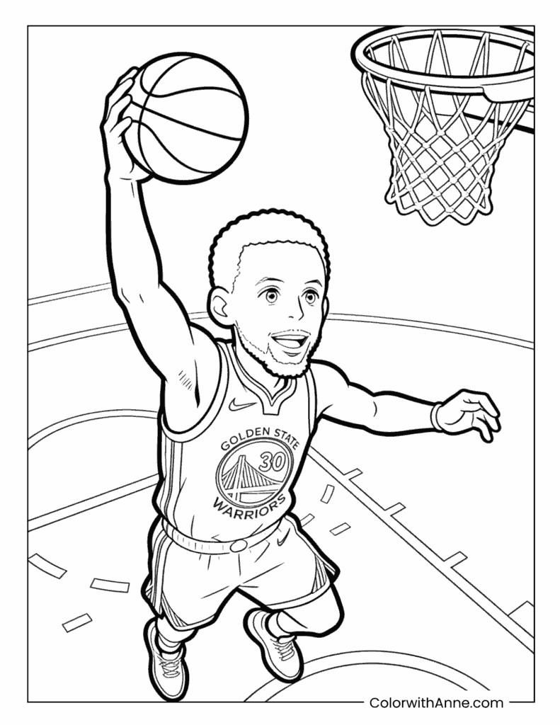 Stephen Curry Mid-Air Jump Shot Basketball Court Coloring Page