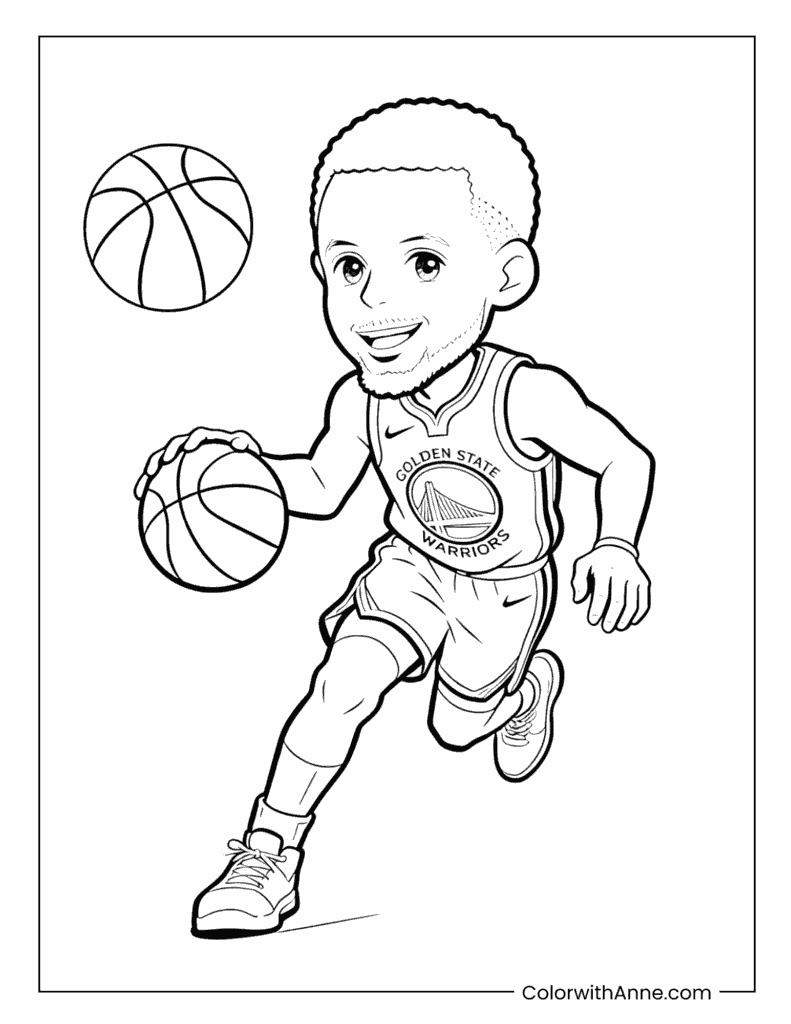 Stephen Curry Running and Dribbling Basketball Action Coloring Page
