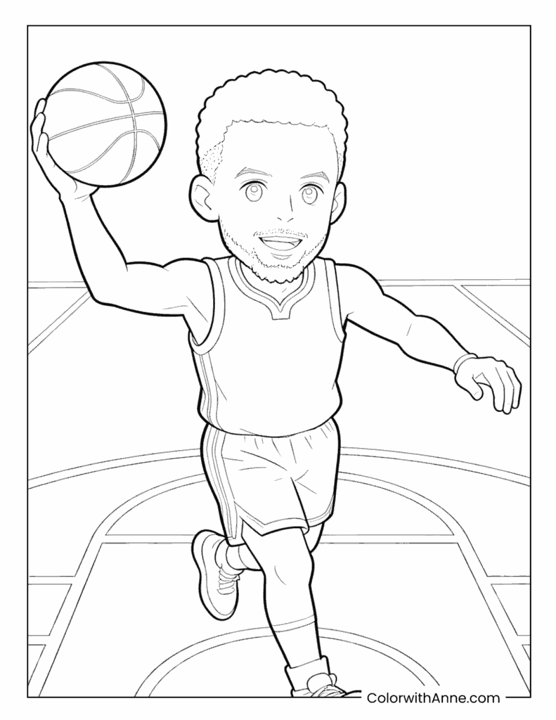 Stephen Curry Running on Basketball Court Coloring Page
