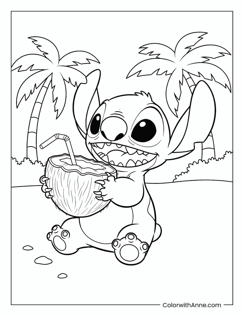 Stitch Enjoying a Coconut Coloring Page