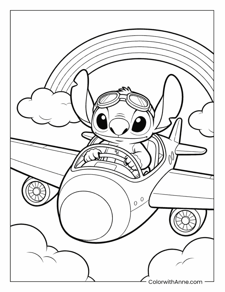 Stitch Flying a Plane in the Sky Coloring Page
