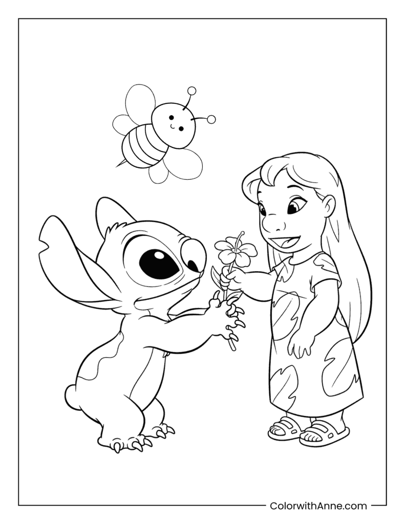 Stitch Giving Lilo a Flower Coloring Page