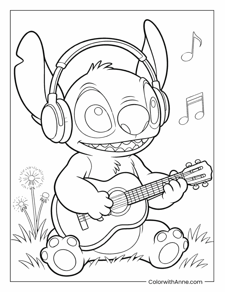 Stitch Playing Guitar with Headphones Coloring Page