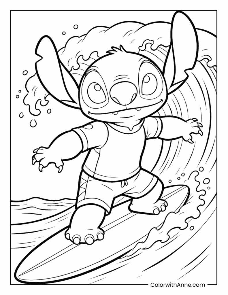 Stitch Surfing a Big Wave Coloring Page